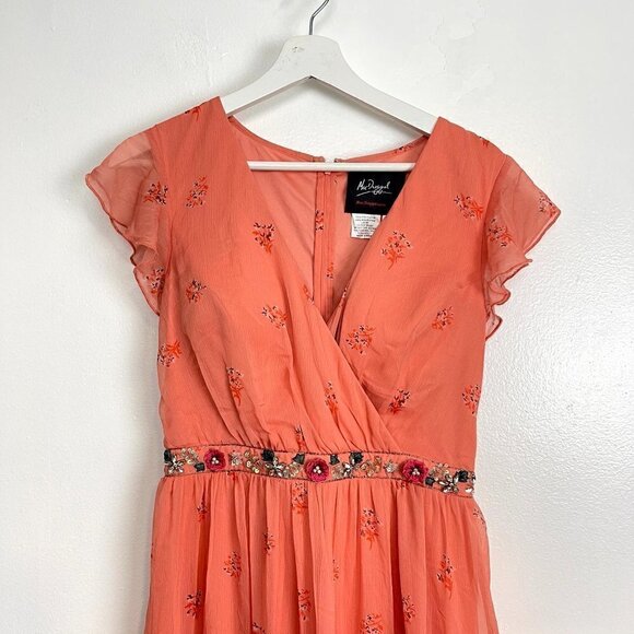 MAC DUGGAL Tiered Ruffle Chiffon Midi Dress in Apricot Size US 6 - Picture 4 of 8